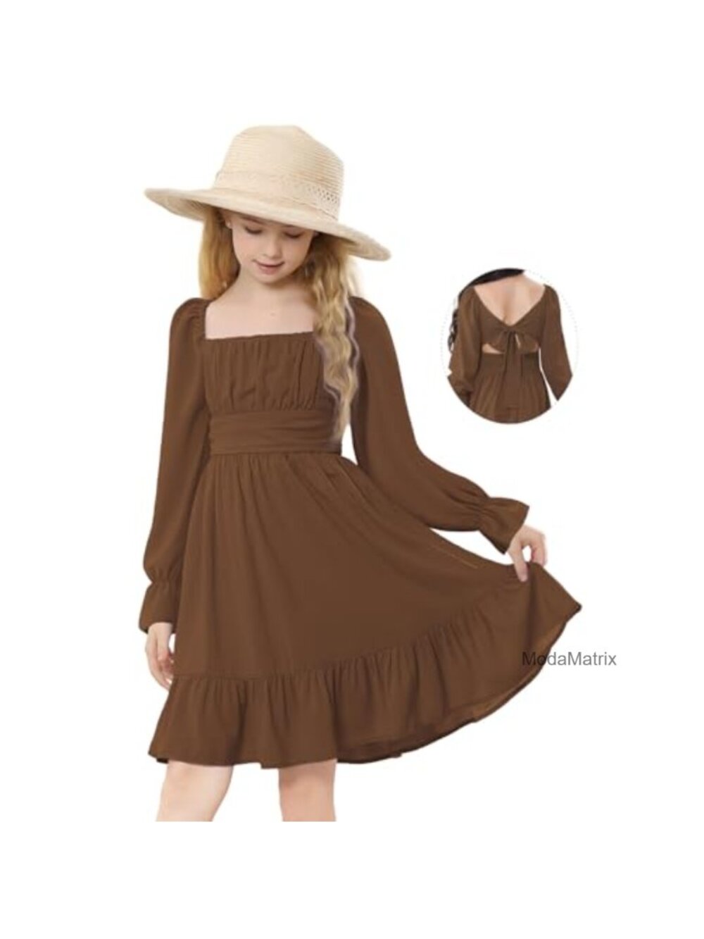 Girls Long Sleeve Tie Back Boho Dress with Lantern Sleeves